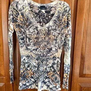 Daytrip, long sleeve burnout fleur de lis bling shirt Y2K L